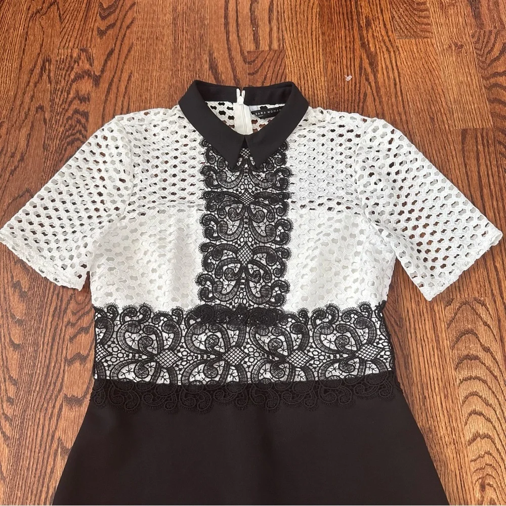 Zara As Seen on TV Black White Lace Crochet Cutout Sheath Dress Mock Neck Size S - Picture 9 of 13